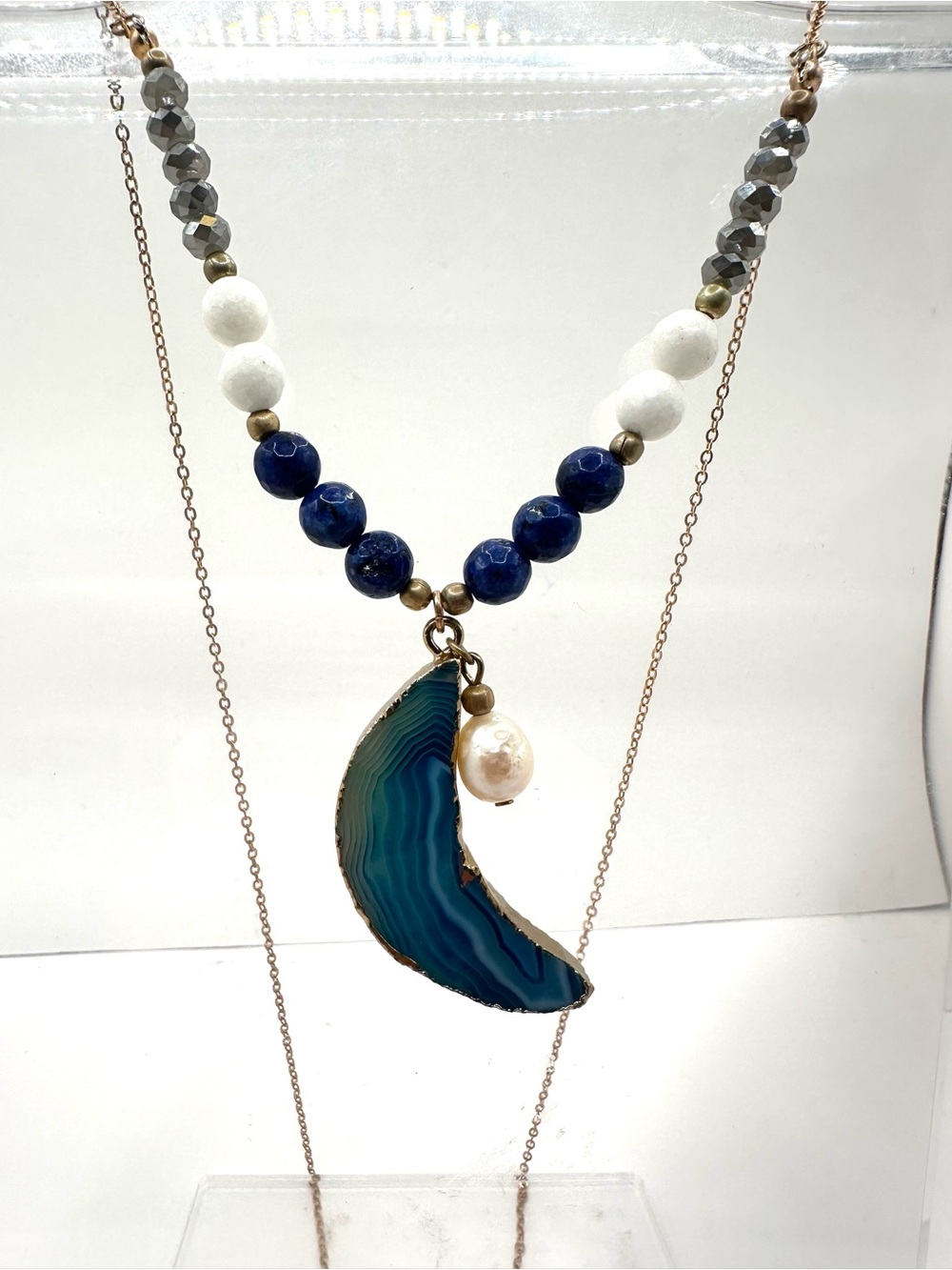 Fashion: Blue Agate Crescent Moon Necklace with Pearl Accent - Picture 2 of 2